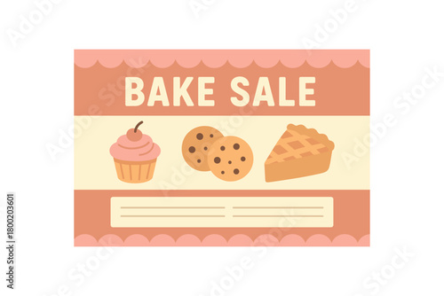 Flat vector banner for BAKE SALE cupcakes cookies and pie icons pastel sweets palette scallop border price table area