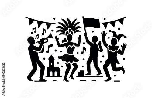 flat black vector illustration of cultural street party with music costumes and flags solid silhouette vector isolated on white background
