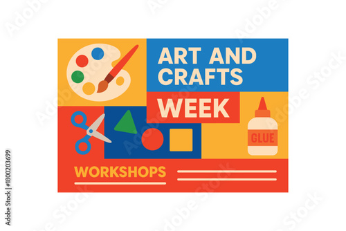 Flat vector banner for ART AND CRAFTS WEEK paint palette scissors glue and paper shapes bright primary palette grid layout for workshop list