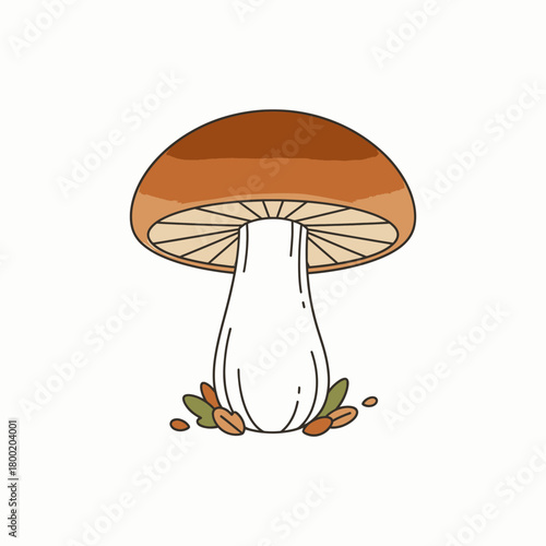 Elegant Brown Mushroom Illustration with Scattered Autumn Leaves, Symbolizing Nature's Bounty and the Harvest Season