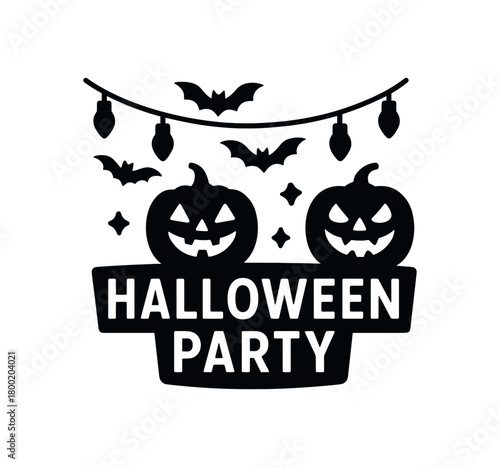 flat black vector illustration of halloween party with pumpkins bats and spooky lights silhouette vector design clear shapes modern minimal style isolated on white background