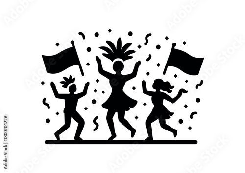 flat black vector illustration of festival parade with dancers flags and confetti solid silhouette design balanced vector layout isolated on white background