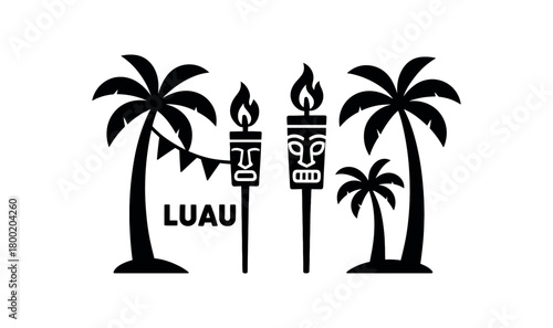 flat black vector illustration of tropical luau party with tiki torches garlands and palm trees silhouette modern vector strong clear shapes isolated on white background