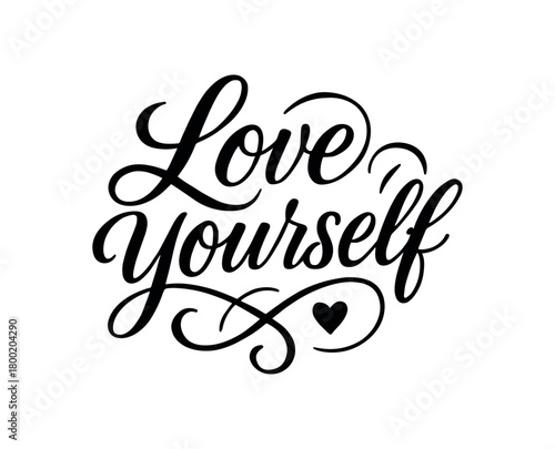 Vector lettering composition with text Love Yourself elegant script font with flourishes heart accents isolated on white background romantic vector lettering design
