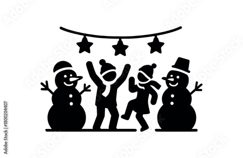 flat black vector illustration of snow party with snowmen people and lights solid silhouette composition isolated on white background