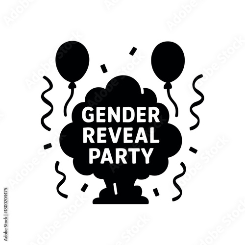 flat black vector illustration of gender reveal party with balloons smoke and ribbons simple silhouette icon isolated on white background