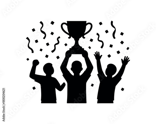 flat black vector illustration of sports victory party with trophies confetti and people cheering solid silhouette design isolated on white background