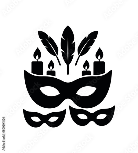 flat black vector illustration of masquerade party with masks feathers and candles silhouette vector icon solid shapes isolated on white background