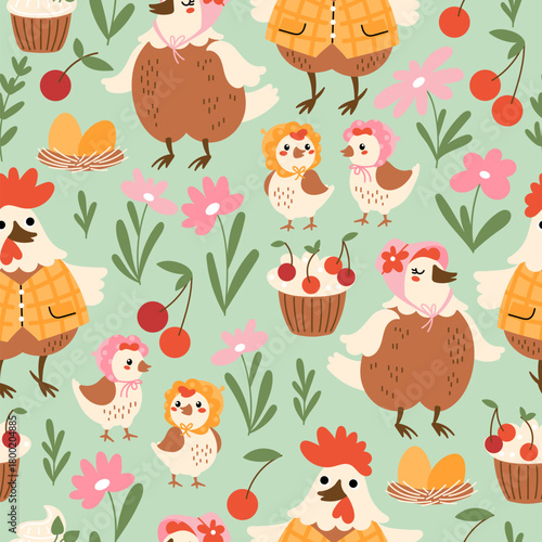 Cute chicken family Easter background