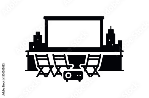 flat black vector illustration of rooftop movie night party with projector screen and chairs solid silhouette layout simple balanced design isolated on white background