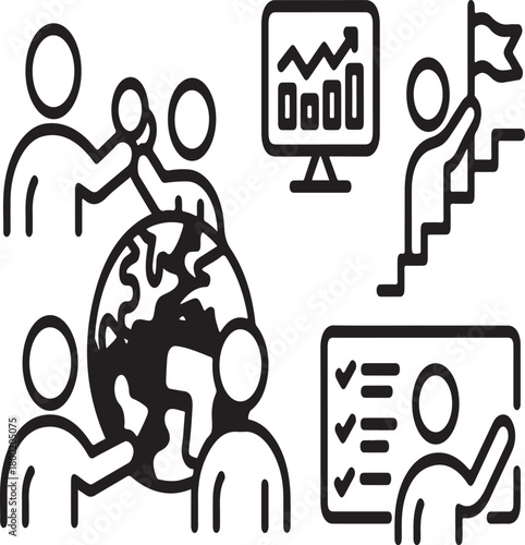 Monochrome line icons portraying global environmental issues, data analytics, and digital interface elements.