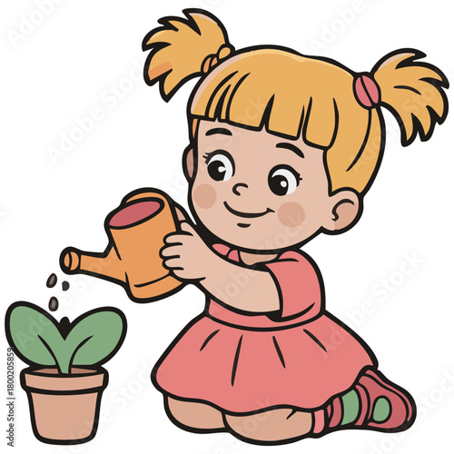 cute girl cartoon character watering plant with watering can