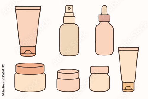 flat vector handdrawn soft palette clean outlines white background skincare routine creamy cleanser tube hydrating mist essence bottle moisturizer jar eye cream pot sunscreen tube no logos