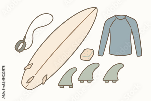 flat vector handdrawn soft palette clean outlines white background surfing day surfboard leash wax rash guard fins no logos no gloss