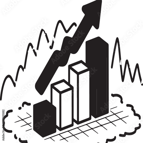 Growth chart icon featuring an ascending arrow three dimensional bars and a network grid for business success