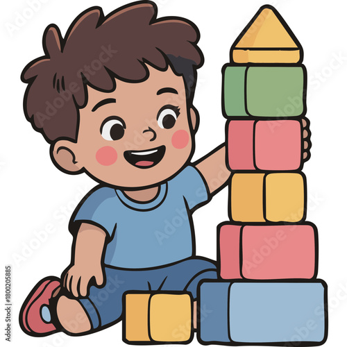 happy child cartoon character playing with stacking blocks toy