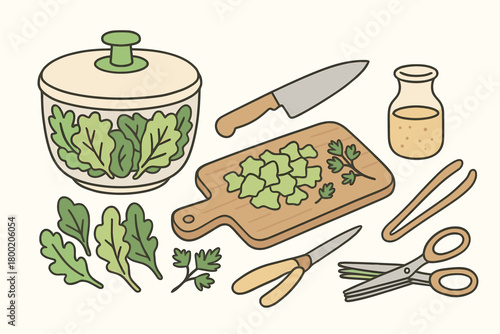 flat vector handdrawn soft palette clean outlines white background salad prep salad spinner chef knife chopping board dressing jar tongs herb scissors no logos no gloss