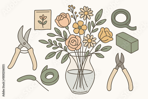 flat vector handdrawn soft palette clean outlines white background flower arranging pruning snips flower food packet clear vase floral tape foam wire cutters no logos no gloss