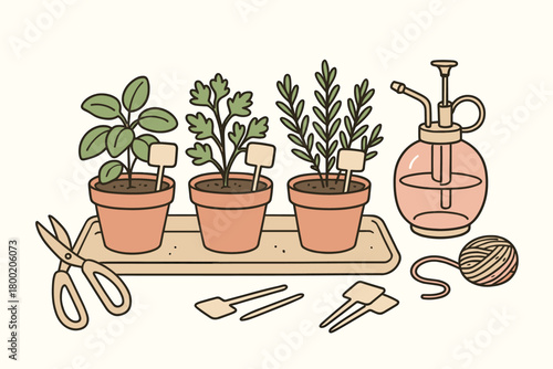 flat vector handdrawn soft palette clean outlines white background windowsill herbs pots pruning snips mister plant markers tray twine no logos no gloss