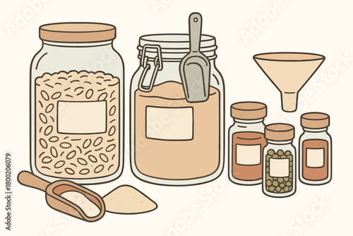 flat vector handdrawn soft palette clean outlines white background pantry jars glass canisters scoop spice jars blank labels clip scoop funnel no logos no gloss