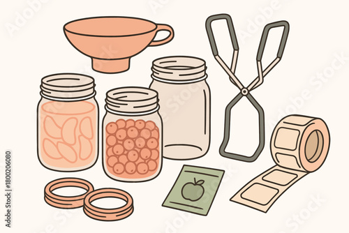 flat vector handdrawn soft palette clean outlines white background canning day glass jars canning funnel jar lifter lid rings pectin packet label roll no logos no gloss