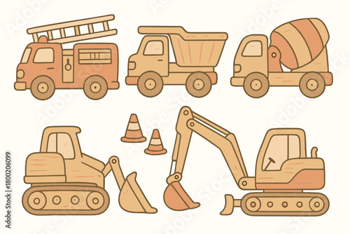 flat vector handdrawn soft palette clean outlines white background wooden vehicles fire truck dump truck cement mixer bulldozer excavator traffic cones no logos no gloss