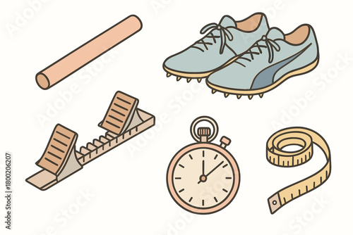 flat vector handdrawn soft palette clean outlines white background track and field baton spikes starting blocks stopwatch tape measure no logos no gloss
