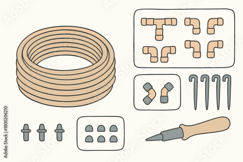 flat vector handdrawn soft palette clean outlines white background micro irrigation micro tubing coil tees pack elbows pack anchor stakes plugs punch tool no logos no gloss