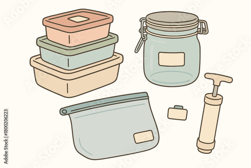 flat vector handdrawn soft palette clean outlines white background food storage nesting containers lids jar clips reusable freezer bag hand pump date tags no logos no gloss
