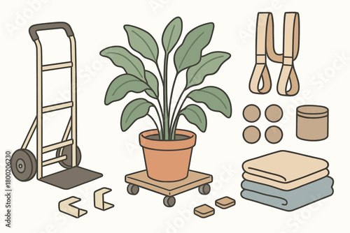 flat vector handdrawn soft palette clean outlines white background plant moving rolling caddy lifting straps hand truck felt pads corner guards soft blankets no logos no gloss