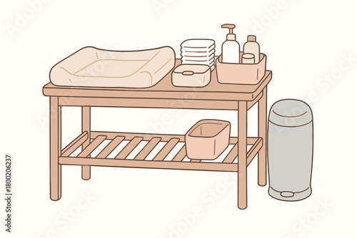 flat vector handdrawn soft palette clean outlines white background changing table setup topper diapers stack wipes warmer cream caddy linen cover trash pail no logos no gloss