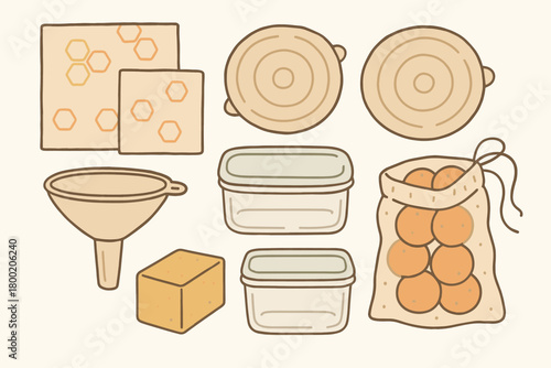 flat vector handdrawn soft palette clean outlines white background zero waste kitchen beeswax wraps silicone lids glass containers cloth produce bags jar funnel soap no logos no gloss