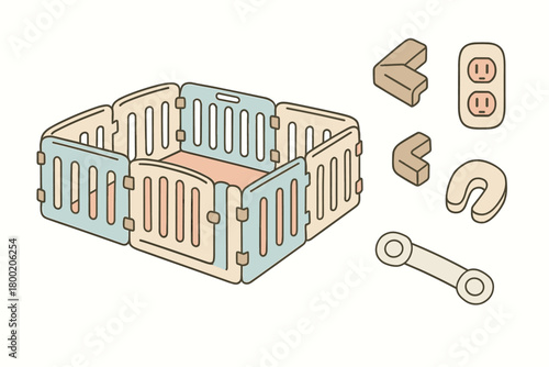 flat vector handdrawn soft palette clean outlines white background play yard foldable fence soft mat corner guards outlet covers door stopper cabinet lock no logos no gloss