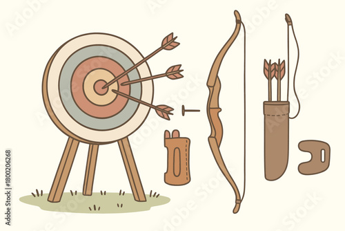 flat vector handdrawn soft palette clean outlines white background archery range bow arrows quiver guard finger tab no logos no gloss