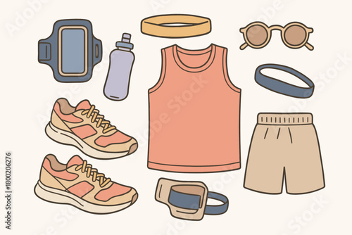 flat vector handdrawn soft palette clean outlines white background running kit shoes armband soft flask headband sunglasses no logos no gloss