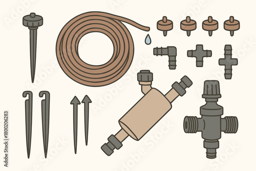 flat vector handdrawn soft palette clean outlines white background drip watering drip line coil emitters pack connector kit stake spikes inline filter pressure regulator no logos no gloss