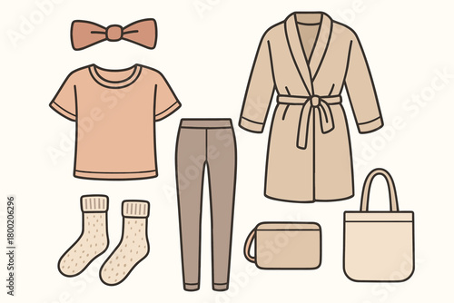 flat vector handdrawn soft palette clean outlines white background cozy loungewear headband knit socks robe soft tee leggings tote pouch no logos no gloss