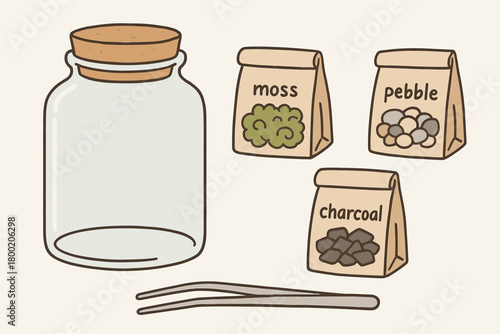 flat vector handdrawn soft palette clean outlines white background terrarium kit glass jar cork lid moss pouch pebble bag charcoal sachet long tweezers no logos no gloss