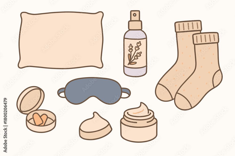 Obraz premium flat vector handdrawn soft palette clean outlines white background sleep ritual silk pillowcase lavender mist eye mask ear plugs case night cream cozy socks no logos no gloss