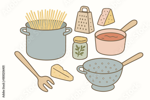 flat vector handdrawn soft palette clean outlines white background pasta night pasta pot colander pasta server cheese grater sauce pan herb jar no logos no gloss