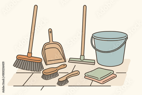 flat vector handdrawn soft palette clean outlines white background patio tidy outdoor broom dustpan stiff brush squeegee bucket cleaning cloths no logos no gloss