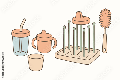 flat vector handdrawn soft palette clean outlines white background drink training straw cup sippy cup open training cup drying stand brush drip tray no logos no gloss