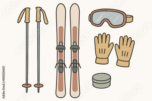 flat vector handdrawn soft palette clean outlines white background ski trip skis poles goggles gloves wax tin no logos no gloss