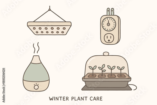 flat vector handdrawn soft palette clean outlines white background winter plant care grow light panel plug timer room humidifier seedling tray clear dome heat mat no logos no gloss