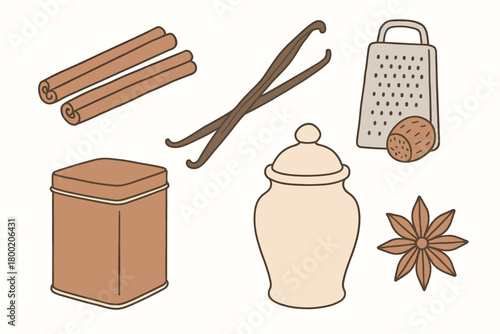 flat vector handdrawn soft palette clean outlines white background baking spices cinnamon sticks vanilla pod nutmeg grater cocoa tin ginger jar anise no logos no gloss