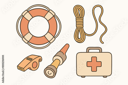 flat vector handdrawn soft palette clean outlines white background boat safety life ring throw rope whistle flashlight first aid kit no logos no gloss