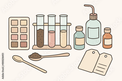 flat vector handdrawn soft palette clean outlines white background soil testing test tubes reagent bottles color chart card sample spoon rinse bottle record tags blank no logos no gloss