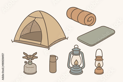 flat vector handdrawn soft palette clean outlines white background camping kit tent sleeping bag sleeping pad stove lantern no logos no gloss