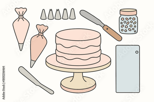 flat vector handdrawn soft palette clean outlines white background cake decorating piping bags tip set offset spatula turntable stand sprinkle jar icing scraper no logos no gloss