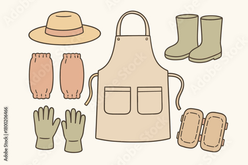 flat vector handdrawn soft palette clean outlines white background garden wear straw hat canvas apron rubber sleeve guards garden gloves knee pads no logos no gloss